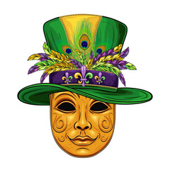 Carnival golden venetian face mask with Mardi Gras tall top hat with belt, band with fleur de lis pins, bunch of feathers. Festival masquerade accessories. Detailed illustration in vintage style © OA_Creation