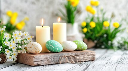 religious candlelight peace, softly flickering easter candles on a wooden board in a tranquil chapel, radiating peace and faith