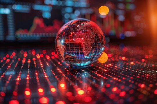 A 3D backlit globe placed in front of a digital display that displays various graphs and analytics.  - Powered by Adobe