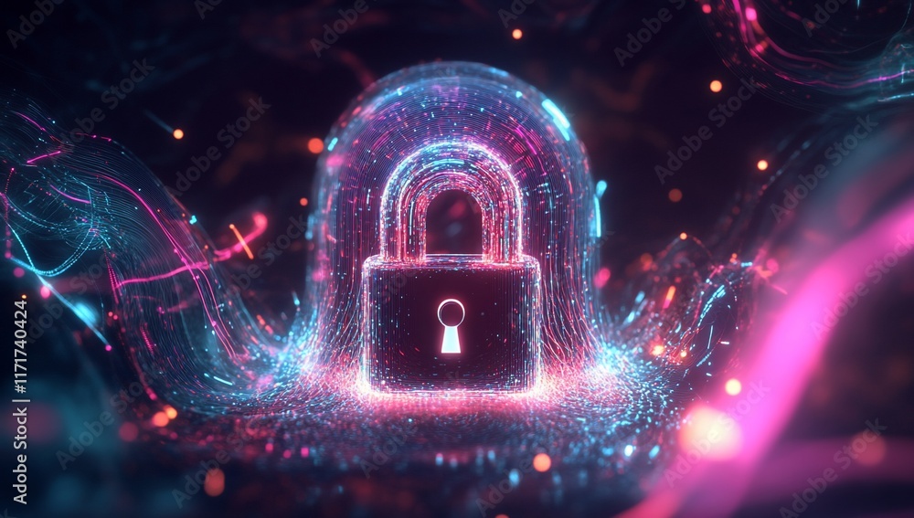 Poster glowing digital padlock in abstract energy field.