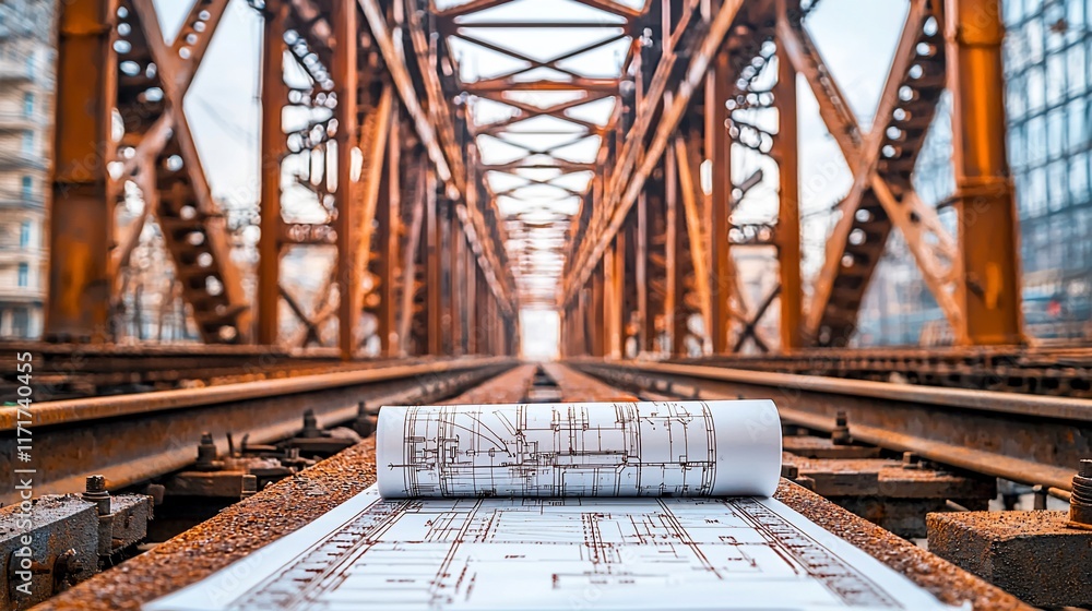 Aufkleber blueprint resting on rusty railroad tracks under a metal bridge.
