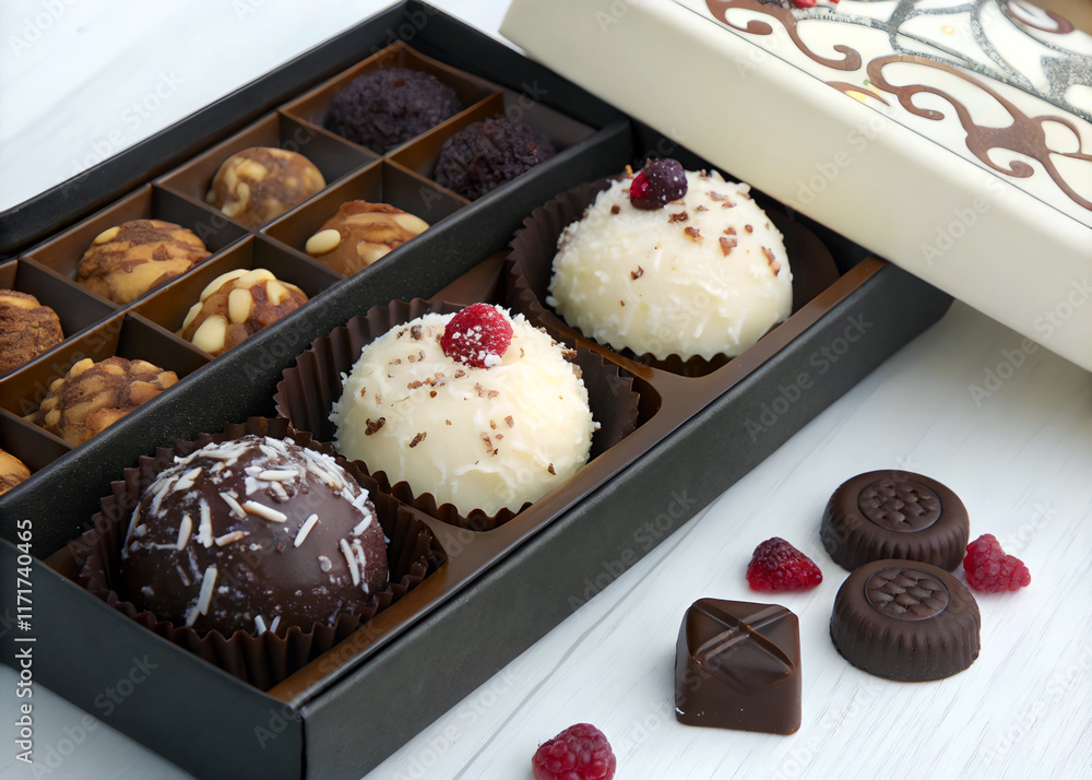 Poster black chocolate box filled with various chocolates and truffles. There are also a few raspberries and a chocolate bar on the table next to the box.