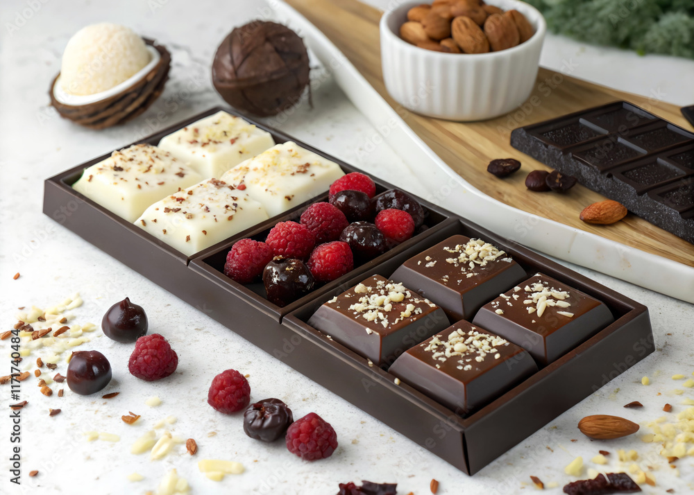 Poster variety of chocolate bars with different toppings and textures, arranged on a white surface. there a