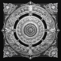 Intricate monochrome rosette ceiling medallion design.