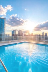 Naklejka premium Vibrant rooftop pool with stunning city views at sunset showcasing luxury apartment amenities for residents