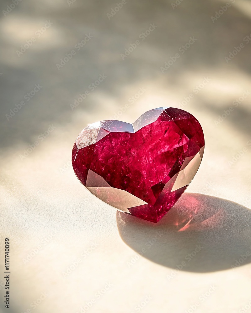Poster Close-up of a heart-shaped ruby gemstone on a light surface, illuminated by soft sunlight.