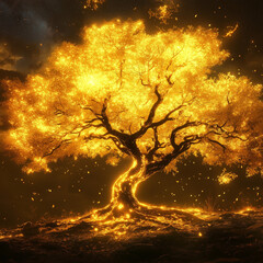 Majestic glowing tree with golden leaves illuminated against a dark, mystical background