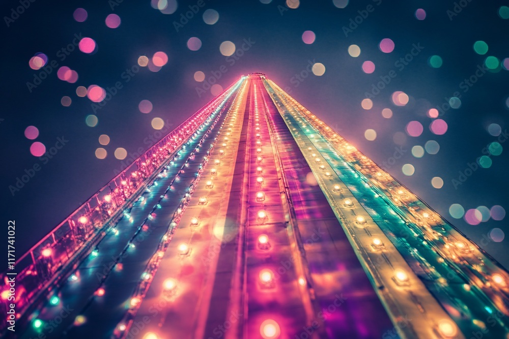 Poster illuminated tower at night with colorful lights and bokeh effect.