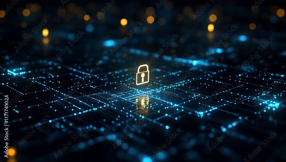 Poster Abstract digital network security concept with glowing padlock icon on circuit board.