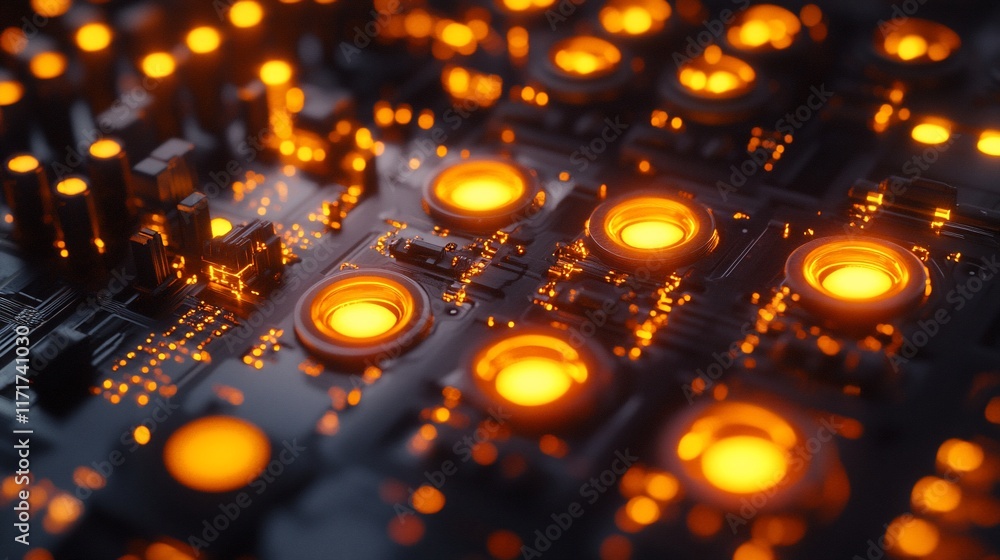 Poster close-up of glowing orange circuits on a dark metallic surface.