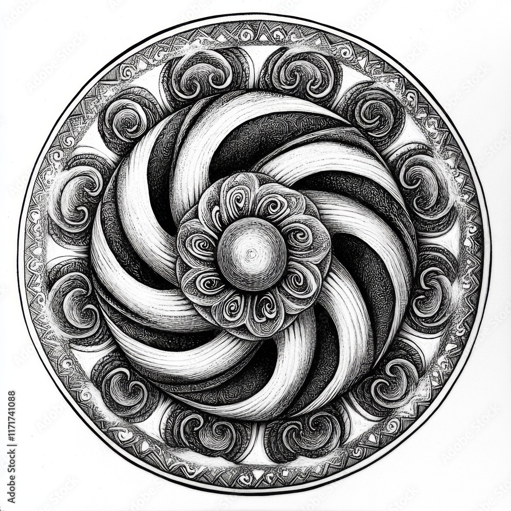 Poster monochrome circular design with swirling patterns and floral motifs.