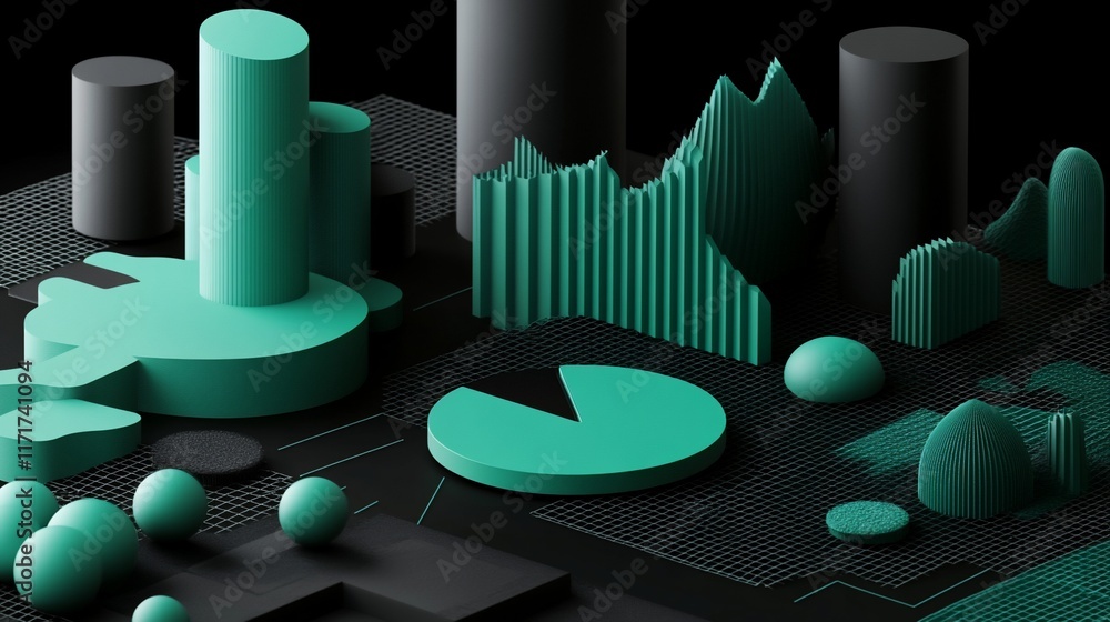 Poster abstract 3d teal and black geometric shapes, cylinders, spheres, and graphs on a dark grid backgroun