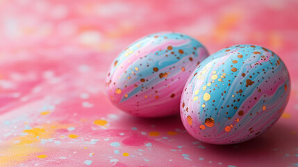 Fototapeta premium Colorful marbleized Easter eggs with gold accents on vibrant pink background