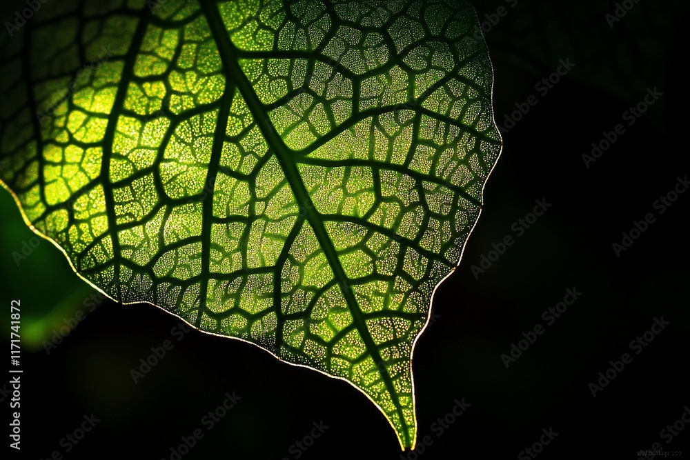 Poster Close-up of a backlit green leaf with intricate vein patterns, showcasing texture and detail against a dark background.