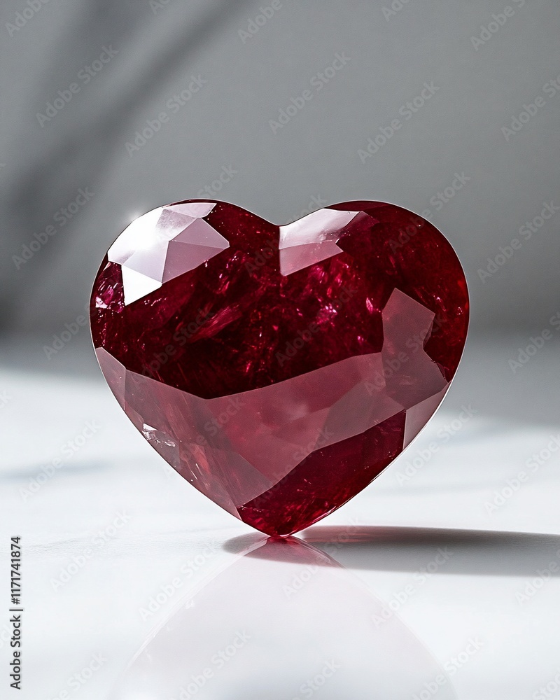 Poster a heart-shaped, deep red ruby gemstone with facets, reflecting light on a white surface.