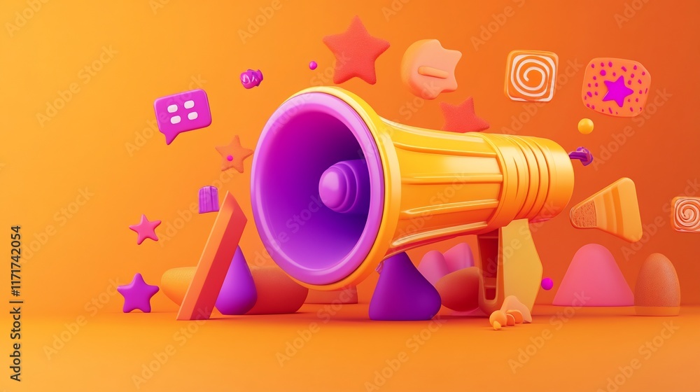 Poster 3d rendering of a yellow megaphone surrounded by colorful abstract shapes, symbolizing announcements