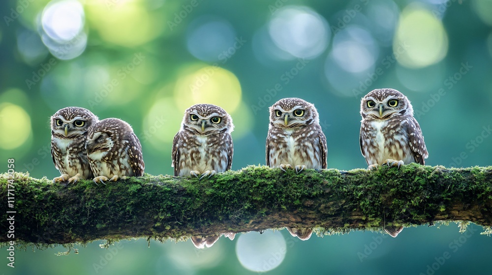 Poster four adorable owlets perched side-by-side on a moss-covered branch in a sun-dappled forest.