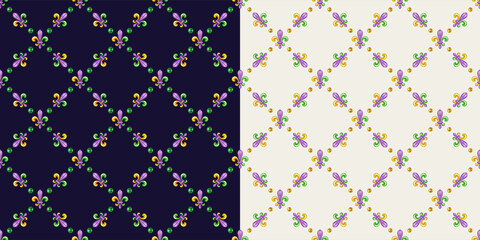 Mardi gras geometric patterns on white, black. Diagonal classic square grid made with colorful Fleur de lis symbol and beads. Vintage style illustration © OA_Creation