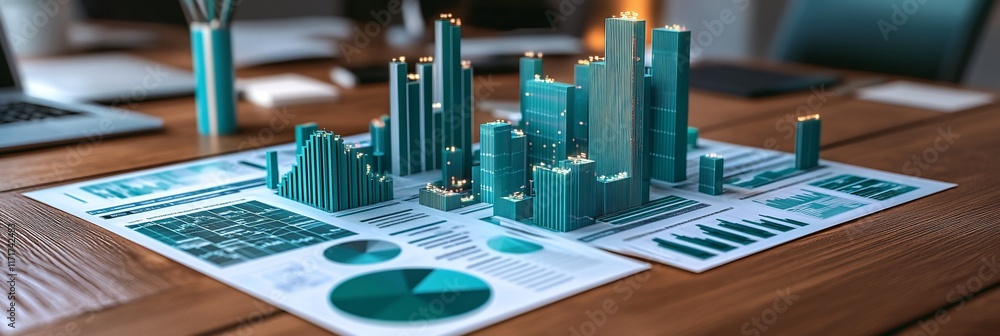 Poster 3d city model on financial charts showing growth and data analysis.