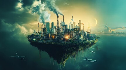 Fototapeta premium Polluted industrial island floats, airplanes fly overhead.