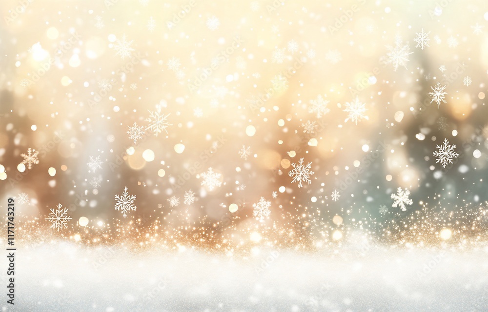 Aufkleber sparkling winter snow scene with bokeh lights and snowflakes.