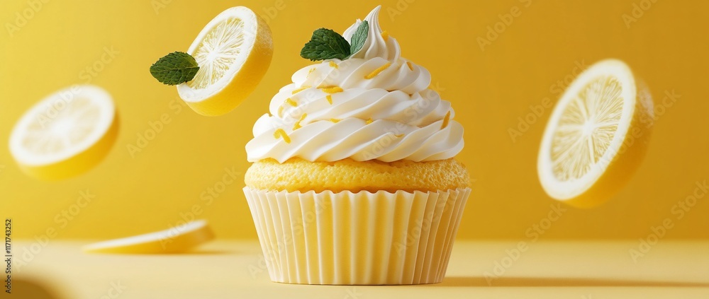 Poster lemon cupcake with frosting and lemon slices floating around it on a yellow background.