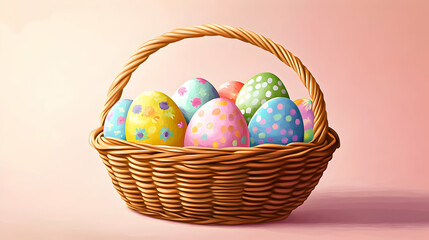 Colorful Easter eggs arranged in a wicker basket against a soft pastel background