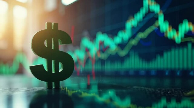 Golden dollar sign in front of fluctuating financial charts, symbolizing wealth, finance, investment trend and the stock market. The graphs show the value of the dollar over time