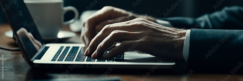Poster close-up of hands typing on laptop keyboard at desk.