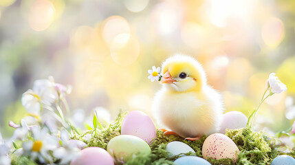 Cute yellow chick surrounded by colorful Easter eggs and flowers in a sunny garden setting