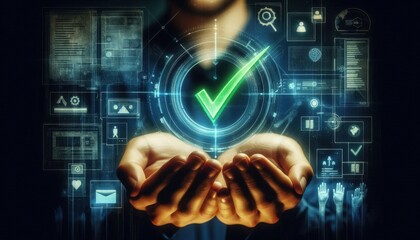 Businessman, holographic checkmark, futuristic interface, glowing digital icons, dark office setting, hands cupped, floating technology, cyberpunk aesthetic, data visualization, blue light, success co