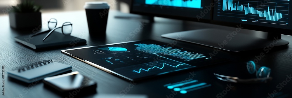 Poster modern workspace with tablet displaying financial data, graphs, and charts.