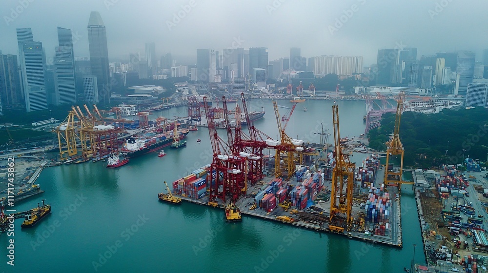 Poster aerial view of a busy harbor with container ships, cranes, and a city skyline in the background on a