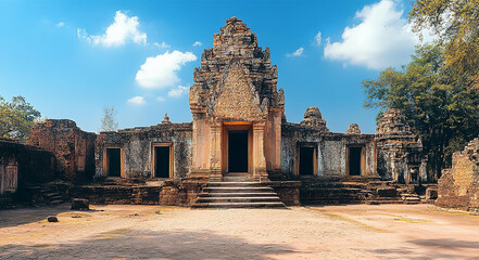Ruins of old Asian Hindu temple at sunset. Cambodia