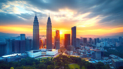 Fototapeta premium Sunset in modern asian capital city as Kuala Lumpur. Drone camera fly above futuristic skyscrapers of financial and business area.