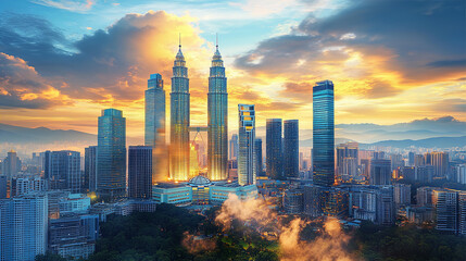 Obraz premium Sunset in modern asian capital city as Kuala Lumpur. Drone camera fly above futuristic skyscrapers of financial and business area.