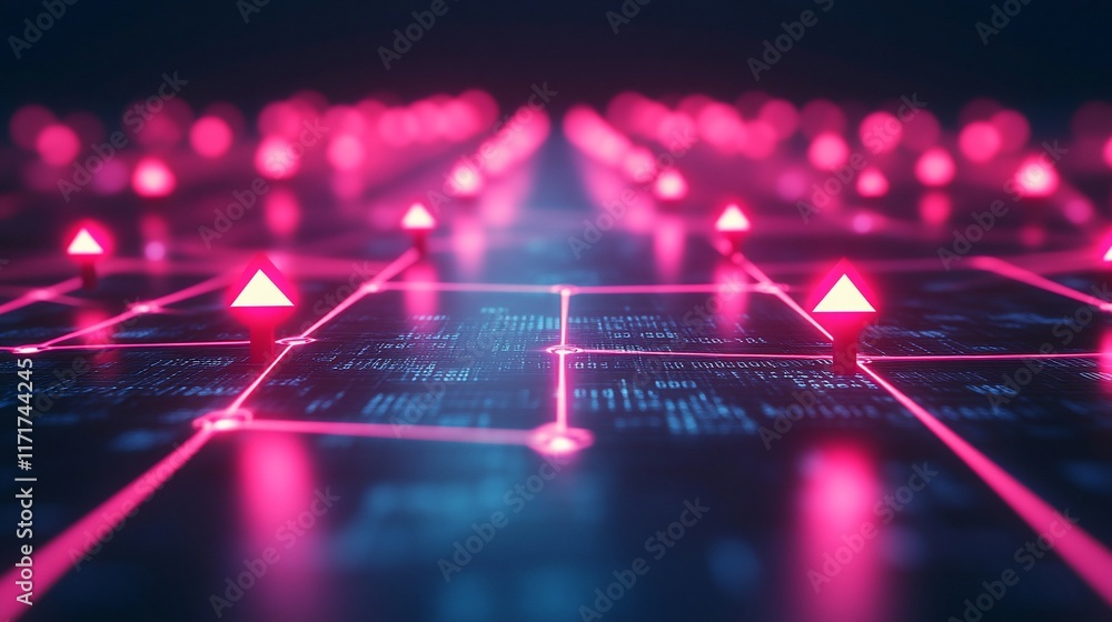 Poster futuristic digital network with glowing pink nodes and blue lines forming a path.