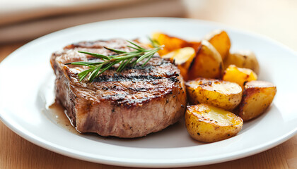 Close up Gourmet Main Dish with Grilled Pork Rib and Fried Potatoes on White Plate. Served on Wooden Table