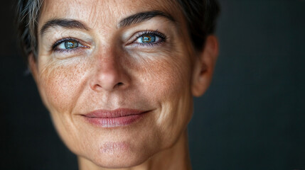 Fototapeta premium The image shows a close-up of a person's face with short hair, smiling gently