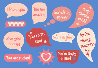 set of speech bubbles with compliment phrases, perfect for website banners, sales promotions, Valentine's cards, covers, flyers, or posters