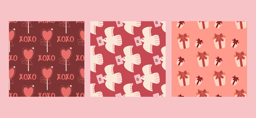 set of three seamless patterns for valentine day with lolipops, birds and gift boxes, perfect for website banners, sales promotions, Valentine's cards, covers, flyers, or posters