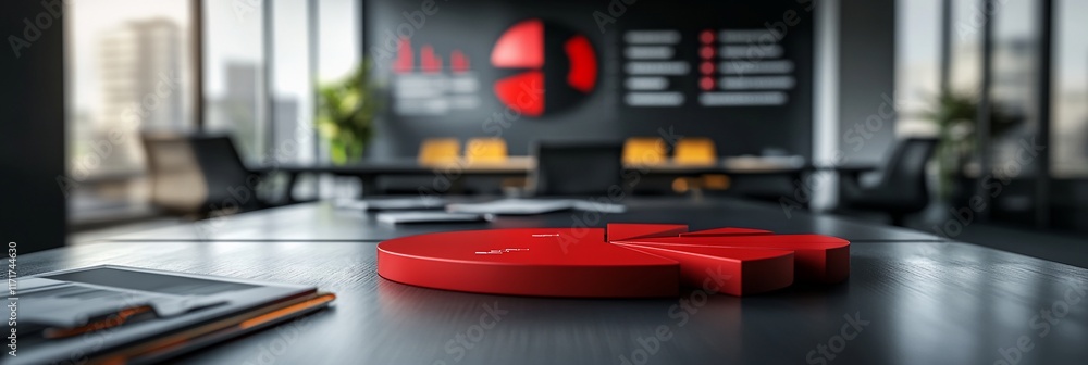 Poster red pie chart on modern office table, showcasing business strategy and data analysis.