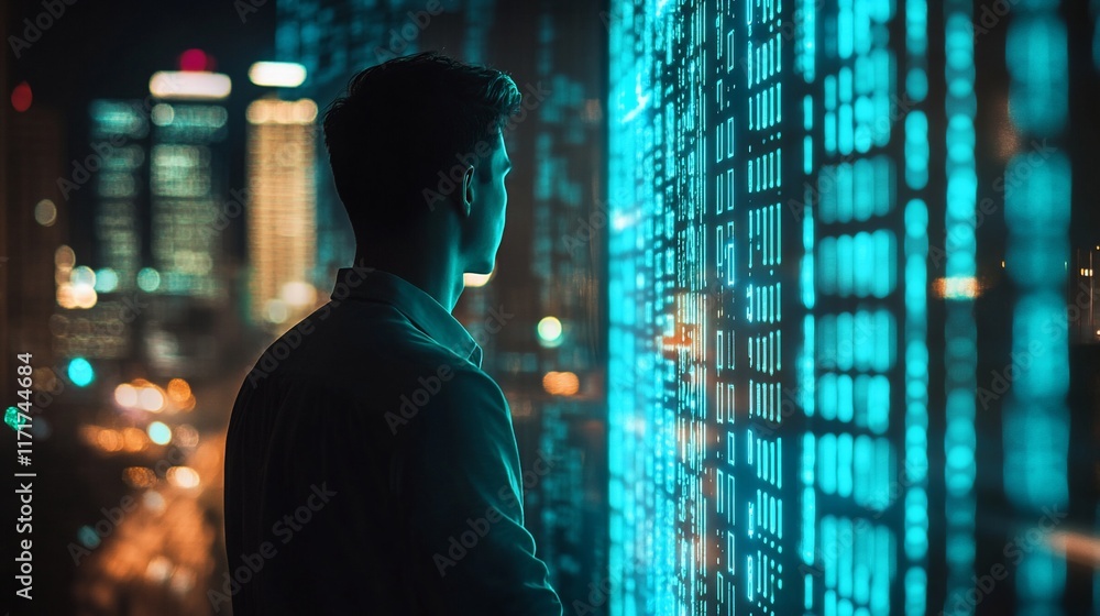 Poster man gazing at futuristic city lights and digital data displayed on a large screen at night.
