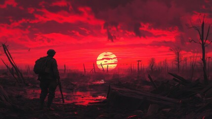 Naklejka premium Soldier silhouetted against a red sunset in a war-torn landscape.