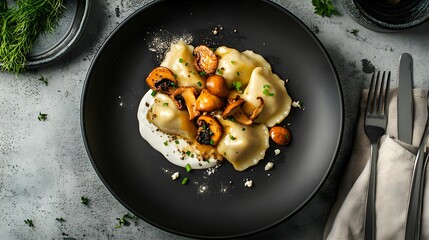 pierogi, kurki, polska kuchnia, elegancja, nowoczesny talerz, minimalistyczne tło, śmietana, świeży szczypiorek, trufle, olej truflowy, kuchnia regionalna, delikatna tekstura, intensywny smak, len, sr