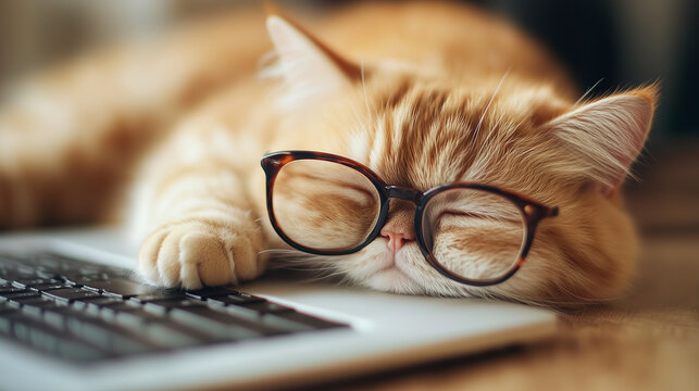 Adorable ginger cat wearing glasses asleep on a laptop keyboard in a cozy setting