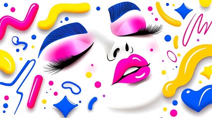 Naklejka premium Close-up of a woman's face with vibrant makeup and abstract shapes.