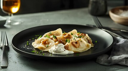 pierogi, kurki, polska kuchnia, elegancja, nowoczesny talerz, minimalistyczne tło, śmietana, świeży szczypiorek, trufle, olej truflowy, kuchnia regionalna, delikatna tekstura, intensywny smak, len, sr