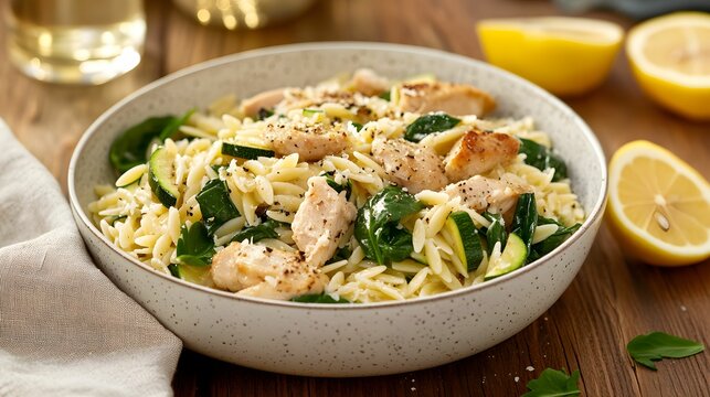 makaron orzo, kurczak, cukinia, szpinak, kuchnia śr&oacute;dziemnomorska, comfort food, prostota, elegancja, minimalistyczne tło, ceramika, ser parmezan, pieprz, oliwa z oliwek, cytryna, natka pietruszki, zd