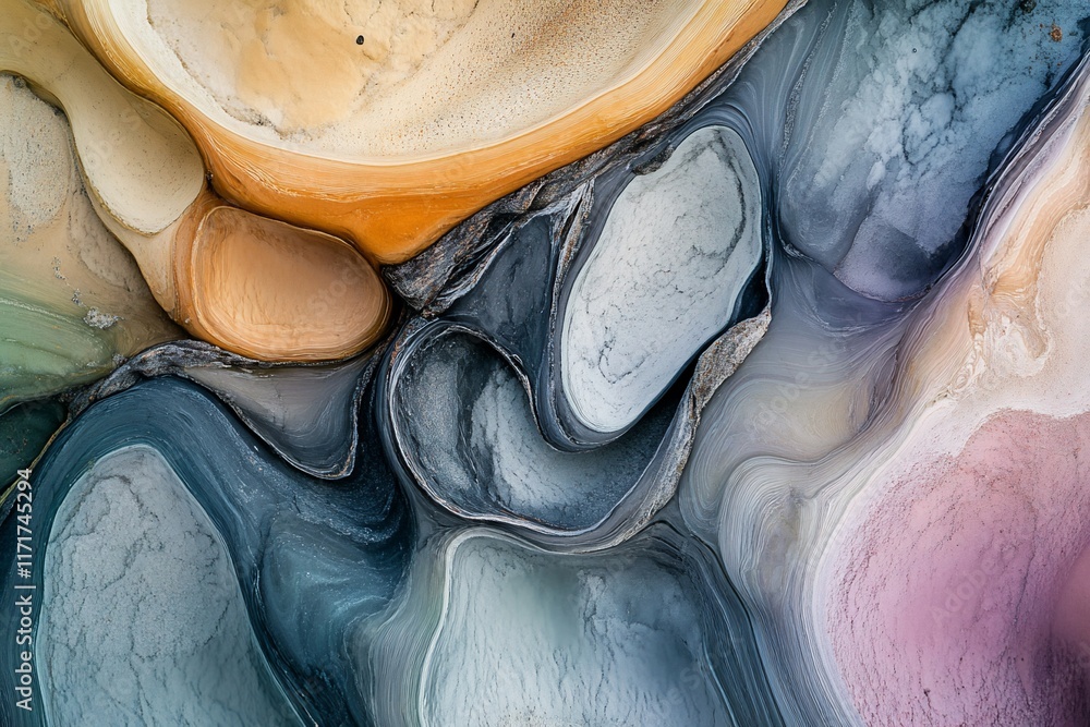 Aufkleber Abstract aerial view of colorful swirling patterns resembling geological formations or fluid dynamics.